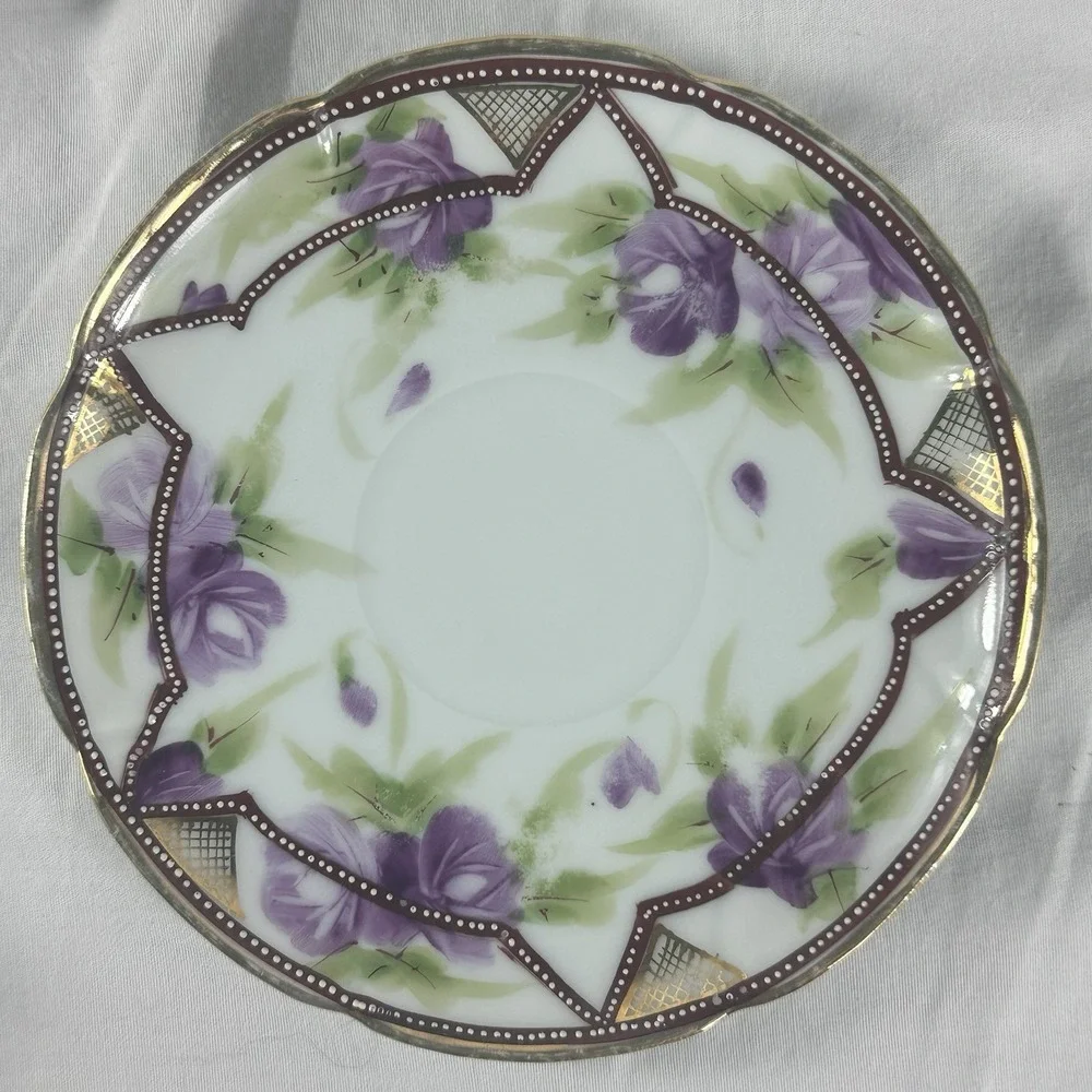Antique‎ Nippon Hand Painted Teacup Saucer Duo Purple Rose Moriage 1911 Morimura